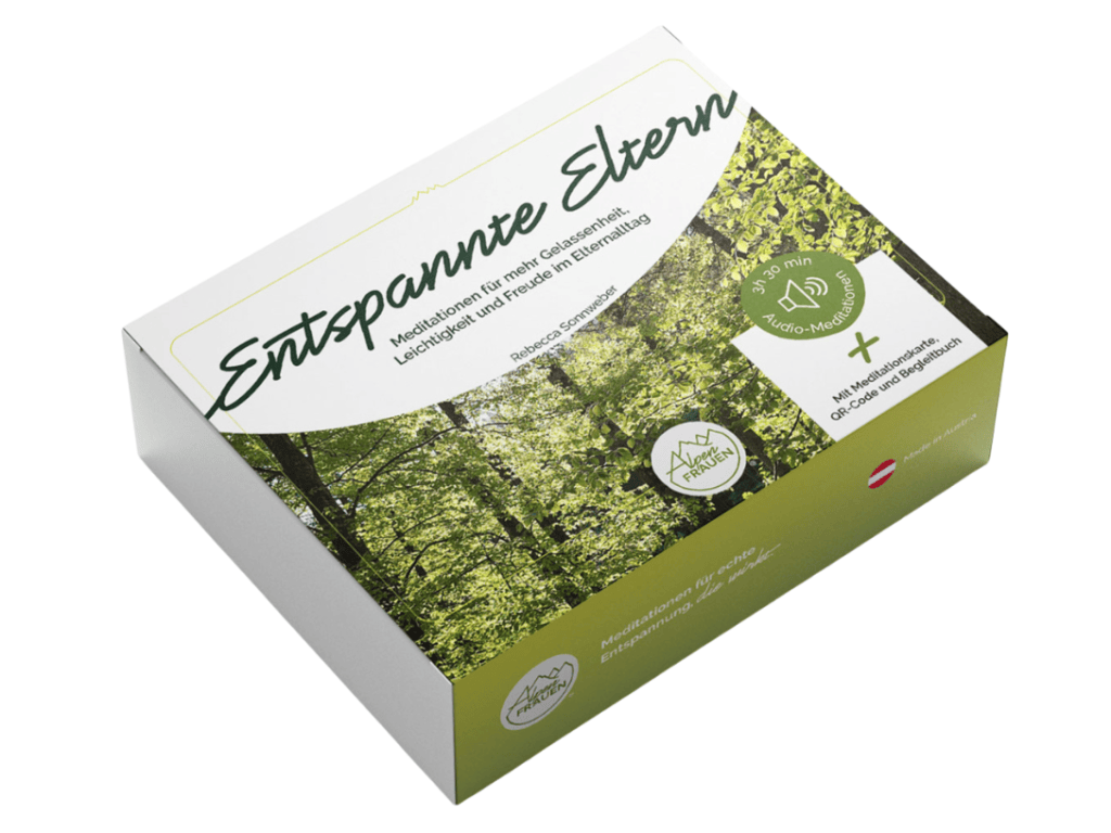 Verpackung der Meditationsbox "Entspannte Eltern" mit grüner Baumlandschaft und Informationen zu Audio-Meditationen.