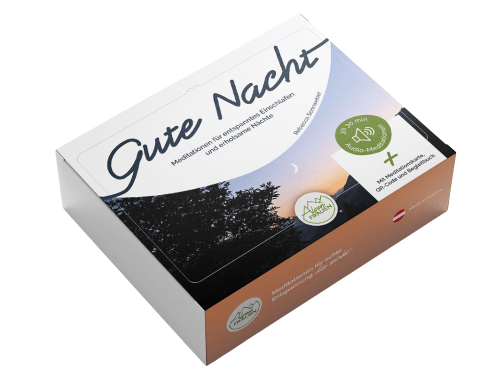 Verpackung für die Meditationsserie "Gute Nacht" mit Anleitungen zur Entspannung und besserem Einschlafen.